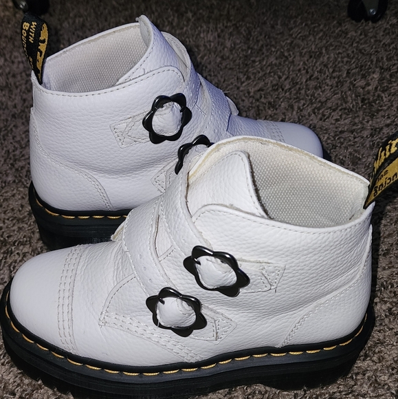 Dr. Martens Women's Devon Quad Flower Buckle - White Milled NappaBoots - Picture 2 of 4